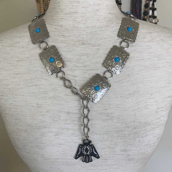 Vintage Costume Silver Tone Native American Turquoise Thunderbird Neckla… - Picture 5 of 9